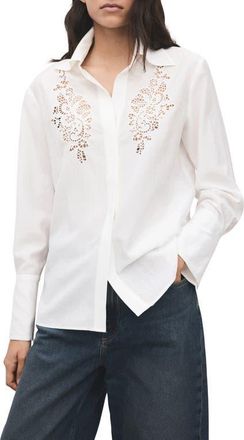 Mango Embroidered Lace Inset Button-Up Shirt in Off White at Nordstrom, Size 4