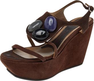 Marni Brown Suede Embellished Wedge Platform Ankle Strap Sandals