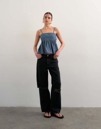 Topshop Canottiera in denim blu a righe con spalline sottili