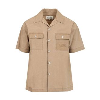 Maison Margiela Embroidered Numeric Logo Short Sleeve Button-Up Shirt - male - MM6 Maison Margiela - Short Sleeve Shirts - Beige - XL - Shirts
