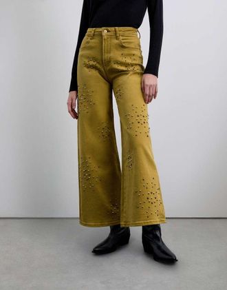 Scalpers Scballstud - Pantaloni in denim color senape con borchie-Giallo