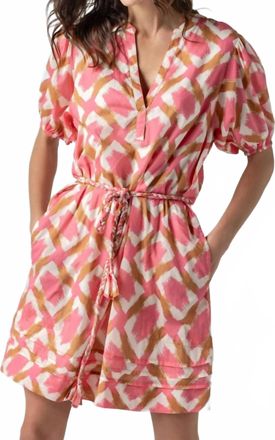 Lilla P Printed Voile Shirred Elbow Sleeve Dress In Punch Ikat Print
