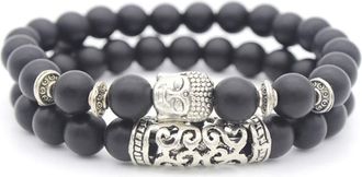 Generic Fashion Men and Women Bracelet Buddha Head Black Matte Beads 19.5cm Elastic Couple Bracelet Birthday Gift 1 Pair Stylish Fashion with Nice