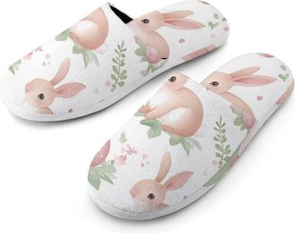 Generic Bunny Easter Eggs Flannel Mens Slip-on Slippers Winter Warm House Shoes with Rubber Sole for Home Hotel