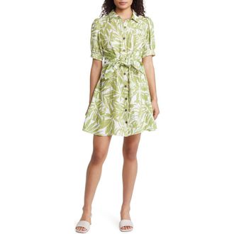 Rachel Parcell Puff Sleeve Tie Waist Shirtdress in Palm Print at Nordstrom Rack, Size Small
