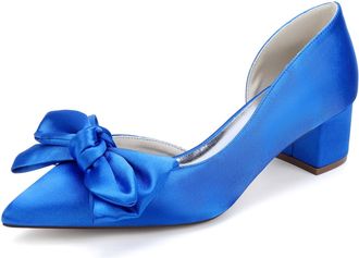 Generic Womens Satin Bridal Wedding Pumps Pointed Toe Block Heel Bridal Low Heels Style Bow Bridesmaid Shoes 4.5Cm,Royal Blue,10 UK