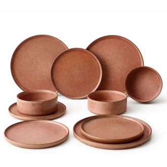 SIA D&eacute;co Juego de 16 piezas de vajilla de gres marr&oacute;n