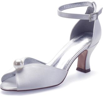 Generic Low Heels Wedding Open Toe Kitten Heel Sandals Heels Wedding Shoes Bridal Shoes Satin Prom Party Dress High Heel 6.5Cm,White,10 UK