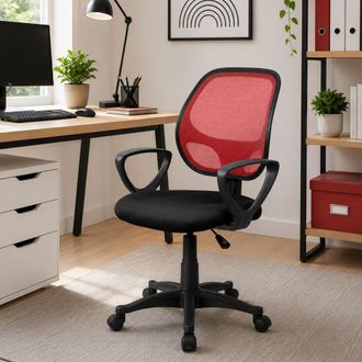 Dmora Dmora - Silla De Oficina Ddjidj, Silla Operativa De Malla Con Reposabrazos, Asiento De Oficina Ergon&oacute;mico, 56x57h88/100 Cm, Negro Y Rojo