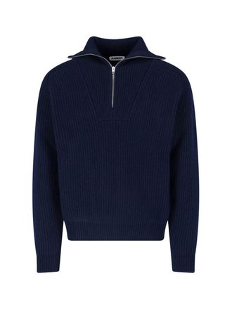 Jil Sander Half-Zip Ribbed Knit Sweater with Wide Collar