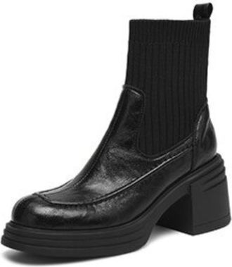 Generic Women Retro Round Toe PU Leather Ankle Boots Chunky Block Platform Heels Slip On Ribbed Knit Sock Fit Cushioned Non Slip Comfortable Durable Fashion,B