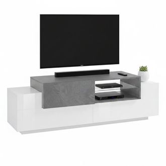 Dmora Dmora - Mueble De Televisi&oacute;n Dlodrin, Aparador Bajo Para Sal&oacute;n, Base Soporte Tv, 100% Made In Italy, Cm 160x45h51, Blanco Brillo Y Gris Cemento