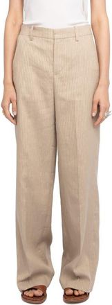 Zadig&Voltaire Pinstripe Linen Blend Wide Leg Pants in Cookie at Nordstrom, Size 10 Us