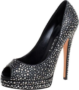 Casadei Black Leather Swarovski Crystal Embellished Peep Toe Pumps