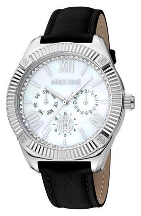 Roberto Cavalli Mother-of-Pearl Leather Strap Watch, 40mm in Black at Nordstrom Rack