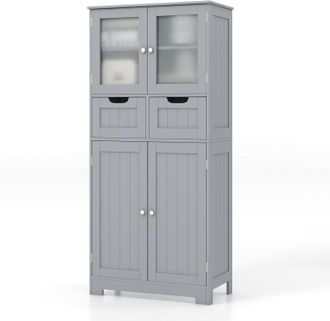 Costway Armario De Ba&ntilde;o De Suelo Con 4 Puertas, Gabinete De Ba&ntilde;o Independiente Con 2 Puertas De Vidrio, 2 Cajones Y Estantes Ajustables, Organizador Multifunc