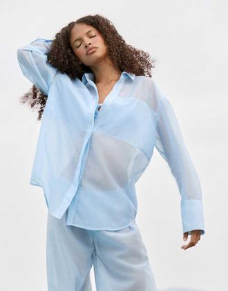 4th & Reckless Camicia da mare taglio lungo semitrasparente azzurra in coordinato-Blu