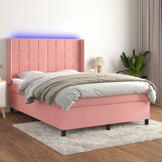 vidaXL Cama Box Spring Colch&oacute;n Y Led Terciopelo Rosa 140x200 Cm Vidaxl