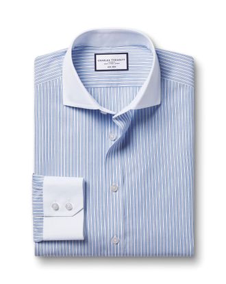 CHARLES TYRWHITT Non-Iron Poplin Winchester Guard Stripe Cotton Formal Shirt - Cornflower Blue Single Cuff Size 15.5/33 by Charles Tyrwhitt
