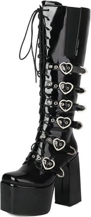 Generic Womens Gothic Knee High Platform Boots Patent Leather Chunky Block Heel Lace Up with Heart Buckles Dark Punk Aesthetic for Fashion Photoshoot Festival