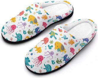 Generic Jellyfish Turtles Under Sea Cotton Slipper for Women Indoor Outdoor House Shoes Anti-Skid Slippers with Rubber Sole
