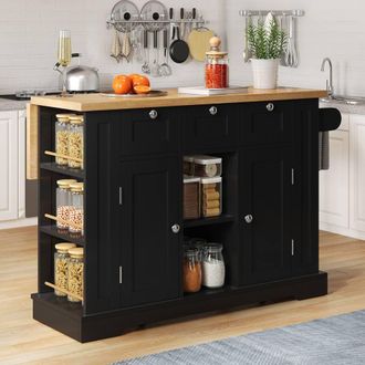 Matteo Farmhouse Style Mobile Kitchen Island - Dropleaf, Storage & Power in Black