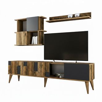Dmora Dmora - Mueble De Televisi&oacute;n Menk, Aparador De Sal&oacute;n, Mueble Bajo Para Tv, Base De Pared Equipada, 180x34h49 Cm, Nogal Y Antracita, Con Embalaje Refor