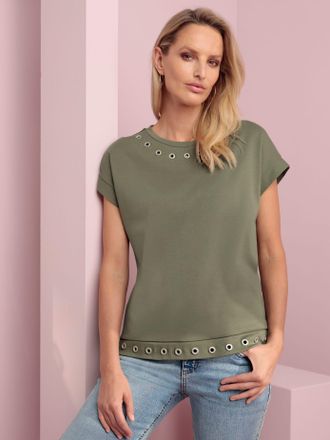 Heine Rundhalsshirt HEINE Shirt, Damen, Gr. 34, khaki, 100% Baumwolle, unifarben, Rundhals, Shirts Rundhalsshirt