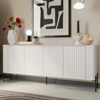Dmora Aparador Laion, Aparador De Sal&oacute;n Con Cuatro Puertas Batientes, Con Elevaci&oacute;n, 190x40 H80 Cm, Blanco