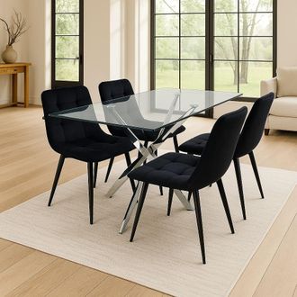 Kosy Koala Modern Rectangle Glass Dining Table Set With 4 Black Velvet Chairs Dining Room Furniture in Brown