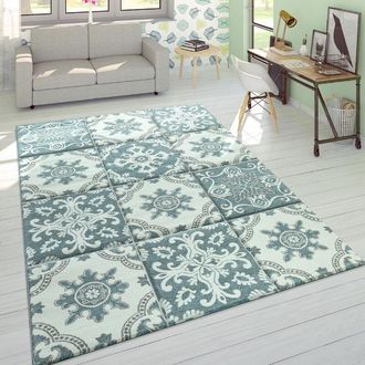 Paco Home Paco Home Alfombra Dise&ntilde;o Moderna Perfil Contorneado Colores Pastel Cuadros Oriental Azul 160x230 Cm