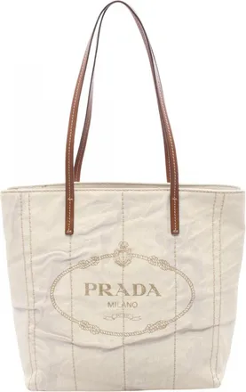 Prada Brown Ivory Canvas Leather Handbag Tote Bag (Pre-Owned)