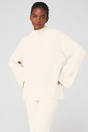 Alo | Cashmere Ribbed Winter Dream Mock Neck Coverup Sweatshirt in Ivory White, Size: Medium
