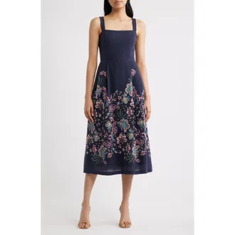 Julia Jordan Floral Print Sleeveless Midi Dress in Navy Multi at Nordstrom, Size 16