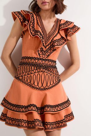 Karen Millen Womens Embroidered Cotton Linen Woven Plunge Mini Dress - Orange - Size 16 UK