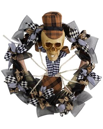 Nearly Natural Halloween Skull In Plaid Mesh Wreath 24In