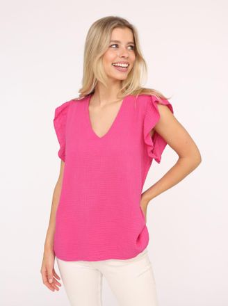 Zwillingsherz Kurzarmbluse ZWILLINGSHERZ Giselle, Damen, pink (fuchsia), Obermaterial: 100% Baumwolle, unifarben, bequem h&uuml;ftlang, V-Ausschnitt, Blusen Kurzarmbluse