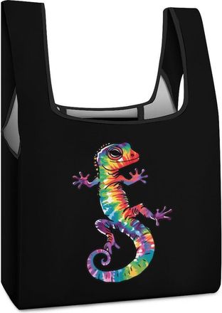 Generic Tie Dye Gecko Rainbow Print Shopping Bag Reusable Grocery Tote Bag Foldable Handbag for Travel Picnic