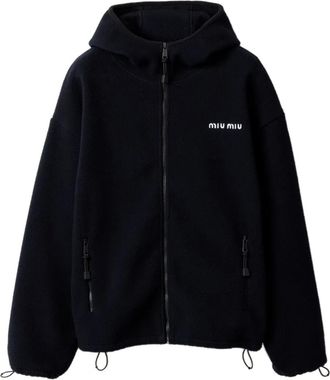 Miu Miu Felpa in pile di cotone con zip e cappuccio - Blu