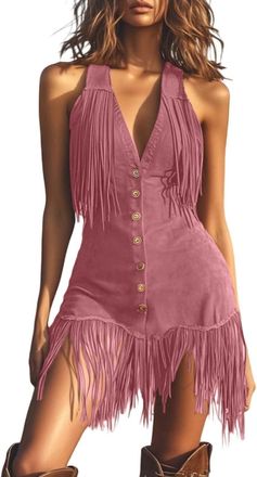 Generic Womens Western Cowboy Chic Fringe Dress with Pockets, Off Shoulder Vintage Floral Lace Trim Cowgirl Dresses for Country Concert Outfits Halloween Cost