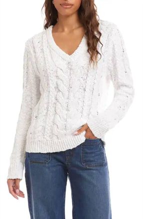 Karen Kane V Neck Cable Sweater In White Eyelet