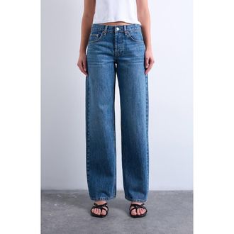Topshop Low Rise Straight Leg Jeans in Medium Blue at Nordstrom, Size 32 Tall