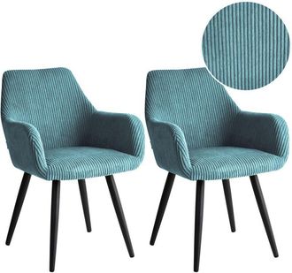 Beliani Conjunto De 2 Sillas De Comedor Decorativas Tapizadas De Pana Con Reposabrazos Dise&ntilde;o Moderno Base De Metal Turquesa Mori