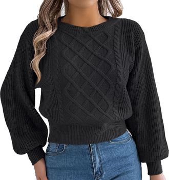 Generic Womens Cable Knit Cropped Sweater Fall Chunky Puff Long Sleeve Crewneck Loose Casual Pullover Tops Ladies Jumpers
