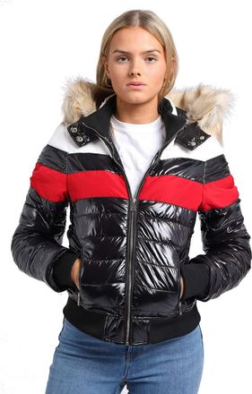 SS7 Womens Wet Look Puffer Jacket with Faux Fur Black - Red