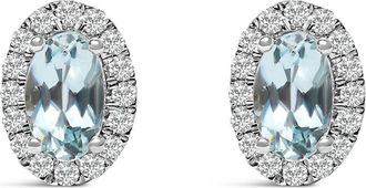House of Brilliance 10K White Gold 5x3 MM Oval Cut Birthstone and Diamond Halo Stud Earrings in Blue Aquamarine at Nordstrom