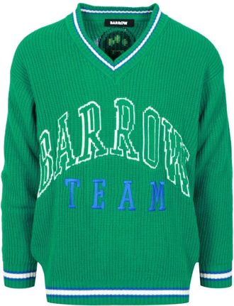 Barrow Groene trui met V-hals en jacquard-logo - Heren - V-hals truien - Groen - S - Wol - Truien & Vesten