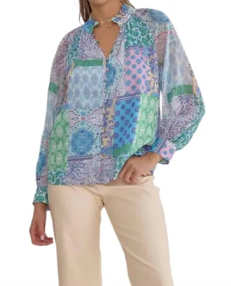 Entro Patchwork Print Long Sleeve Blouse In Blue Multi