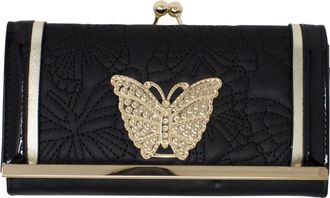 Generic Ladies Butterfly Stitches Card Slots Purse Metal Plate Foldout Womens Wallet Handbag (Black)