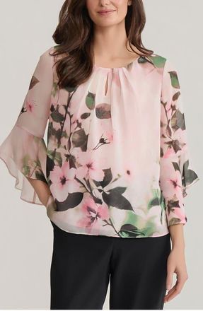 Kasper Floral Print Flutter Sleeve Top in Vanilla Ice Multi at Nordstrom, Size X-Large P